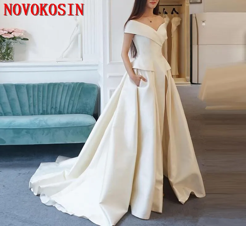 

Women Jumpsuit Pants With Long Train White Evening Dresses Off Shoulder Sweep Train Elegant Prom Party Gown Vestidos Festa