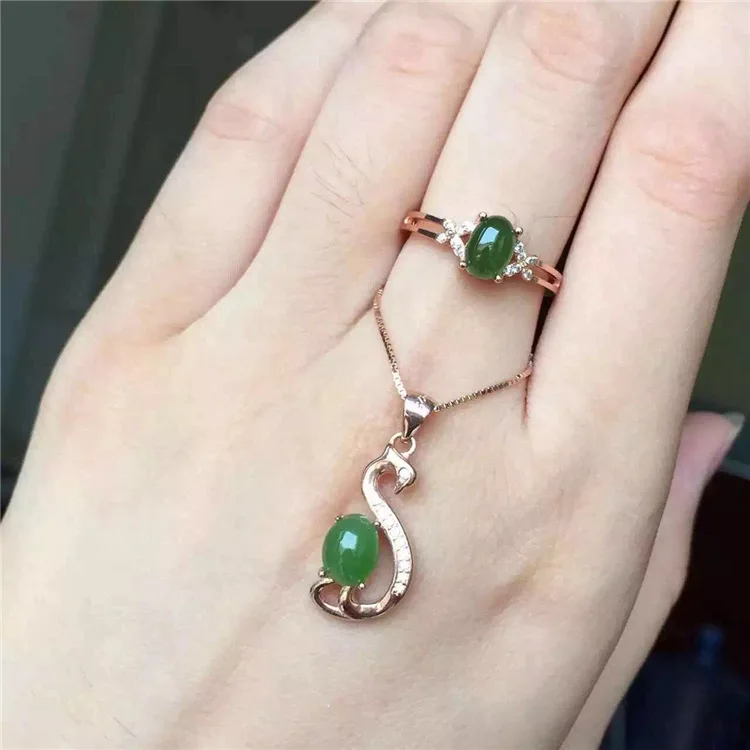 KJJEAXCMY boutique jewels 925 sterling silver inlaid natural hetian jasper pendant necklace ring women's jewelry water drop set