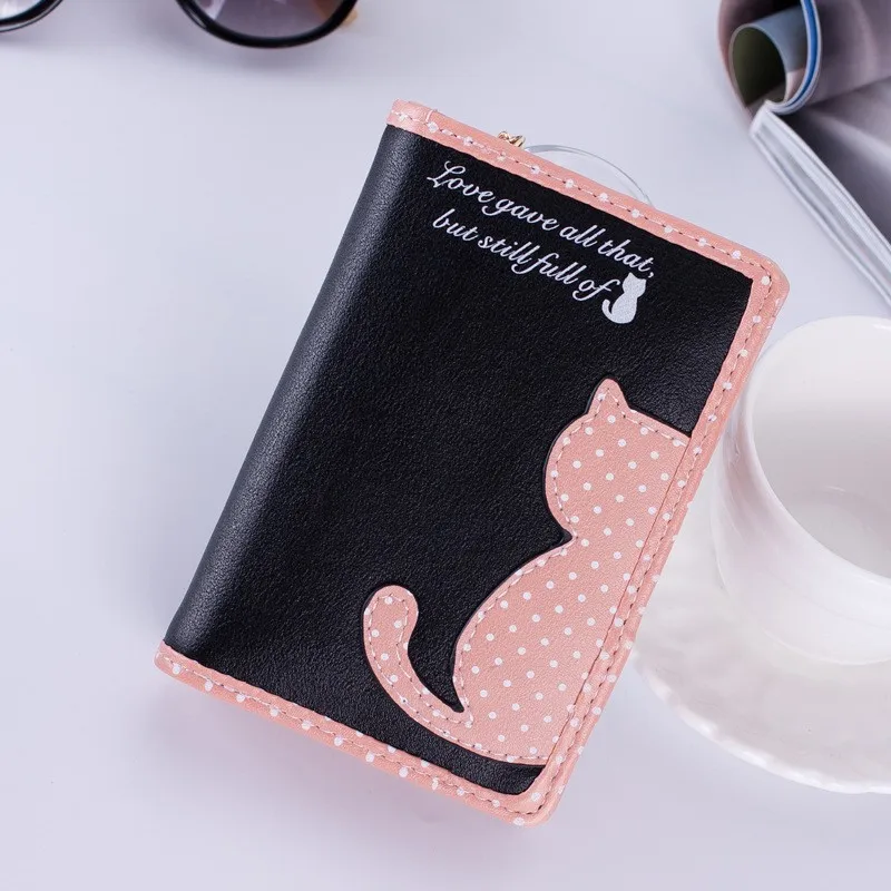 Short-Black Модные женские кошельки на молнии, дамские сумочки, клатч, кошелек для монет, держатель для карт, кошелек из искусственной кожи с кошкой для родителей и детей, сумочки для денег - Цвет: Short-Black