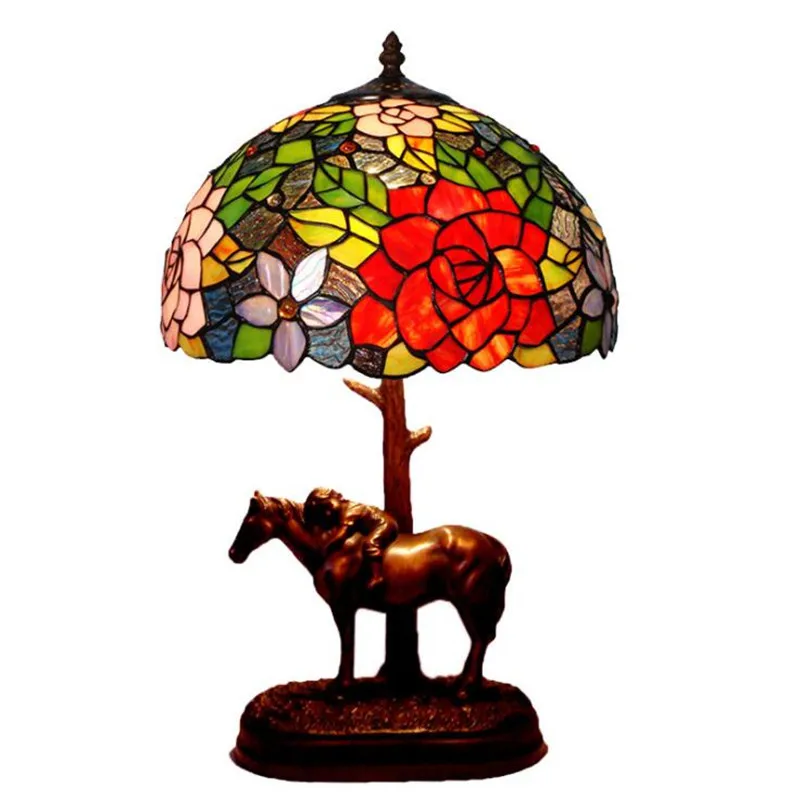 

Vintage Country Retro Colorful Glass Horse Tiffany Table Lamp for Foyer Bed Room Bar Apartment Glass Lighting Fixture 52cm 1096