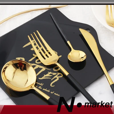 

Newest 4 pieces Stainless Steel Fork & Spoon & Knift One Set Good Quality Home or Restaurant Dinner Tableware Black Gold coloR