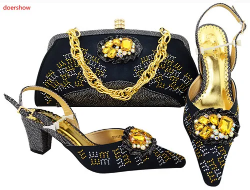 

doershow Ladies Italian Shoes and Bag Set Decorated with Rhinestone African Wedding Shoes and Bag Set Party black Shoes!SVP1-15