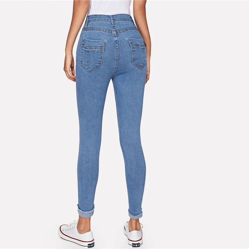 Однотонные обтягивающие джинсы SweatyRocks, уличная одежда, синие женские джинсы с высокой талией, весенние повседневные зауженные джинсы с потертостями по краям