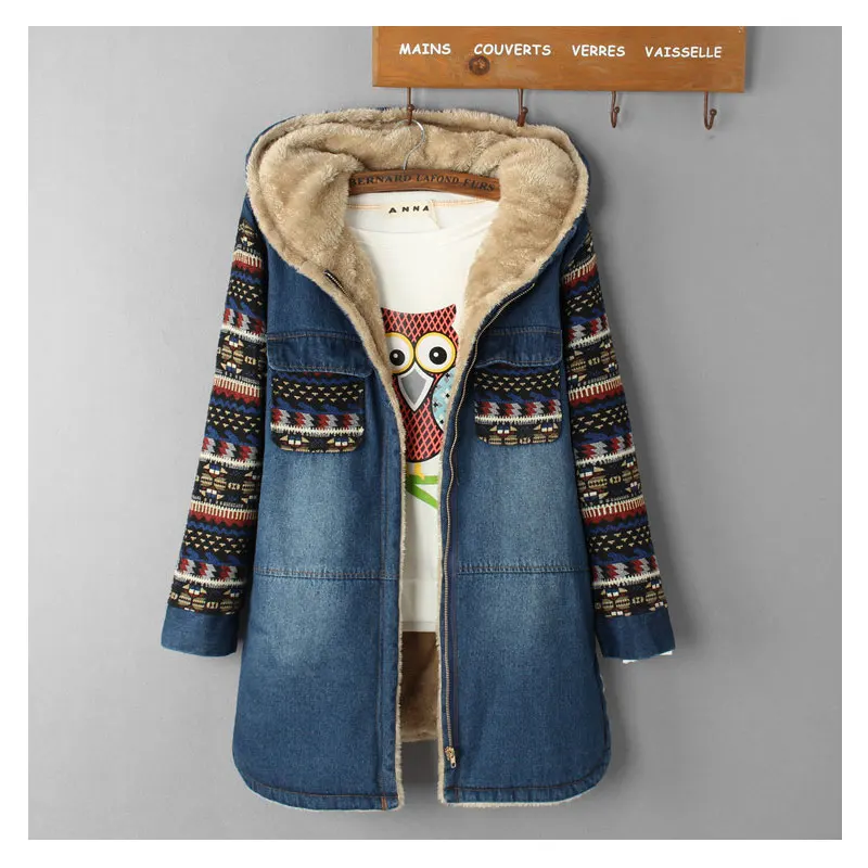 

Women Denim Coat Winter 2022 Casual Print Patchwork Plus Velvet Thick Warm Loose Tops Outerwear Long Cotton Padded Jacket Female