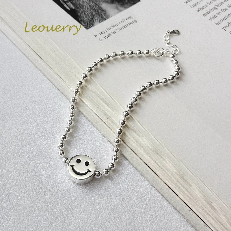 Leouerry 925 Sterling Silver Cartoon Smile Face Round Beads Chain Bracelet Charm Wrist Brcelet for Women Fine Jewelry | Украшения и