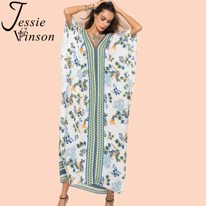 Jessie Vinson Women Plus Size Short Batwing Sleeve V-neck Boho Printed Long Maxi Dress Summer Bohemian Floor Length Beach | Женская