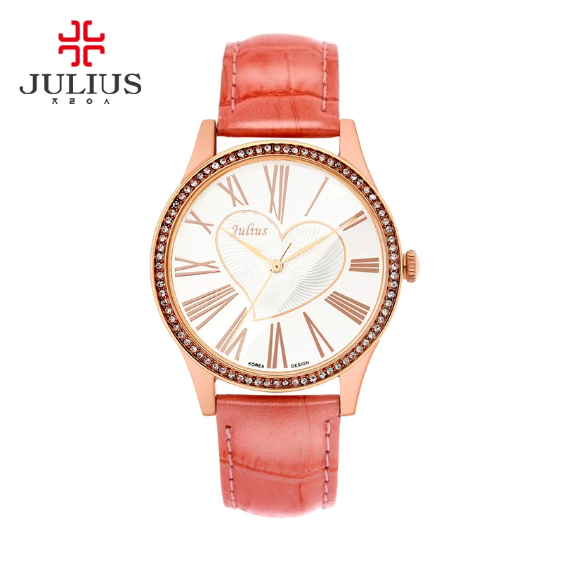 

Ladies Watches Luxury JULIUS Large Round Dial Montres Femme Quartz Wristwatches Fashion Casual Leather Rhinestone Peach Heart
