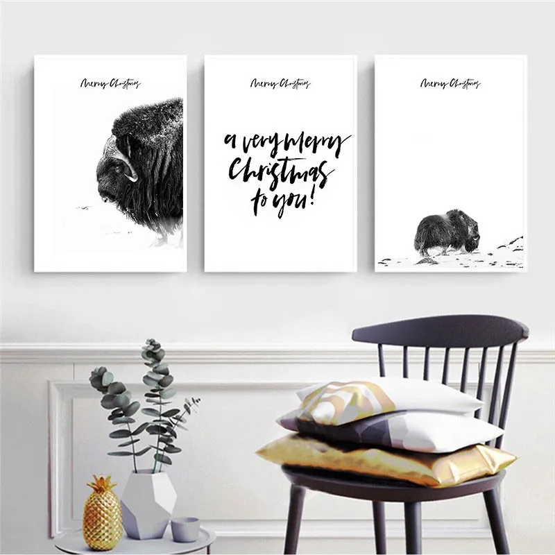 Nordic Home Wall Art Decor Canvas Painting Yak Animal Letter Print Living Room Picture Christmas | Дом и сад