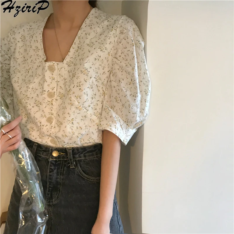 HziriP корейские шикарные блузки весна лето мода квадратный воротник новая