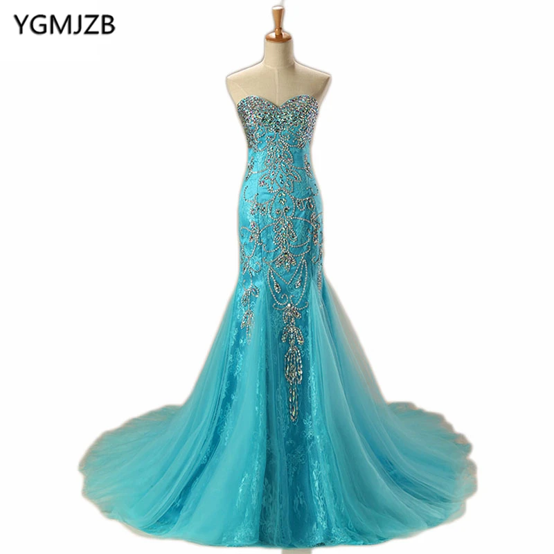 

Luxury Arabic Evening Dress Long 2019 Mermaid Sweetheart Floor Length Sparkly Beading Diamond Lace Evening Gown Blue Prom Dress