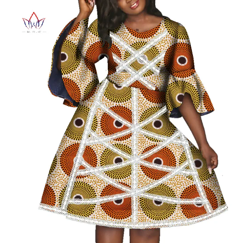 

African Dresses for Women Bazin Riche Wax Print Patchwork Dresses Dashiki African Style Clothing Ruffles Sleeve Dresses WY4363