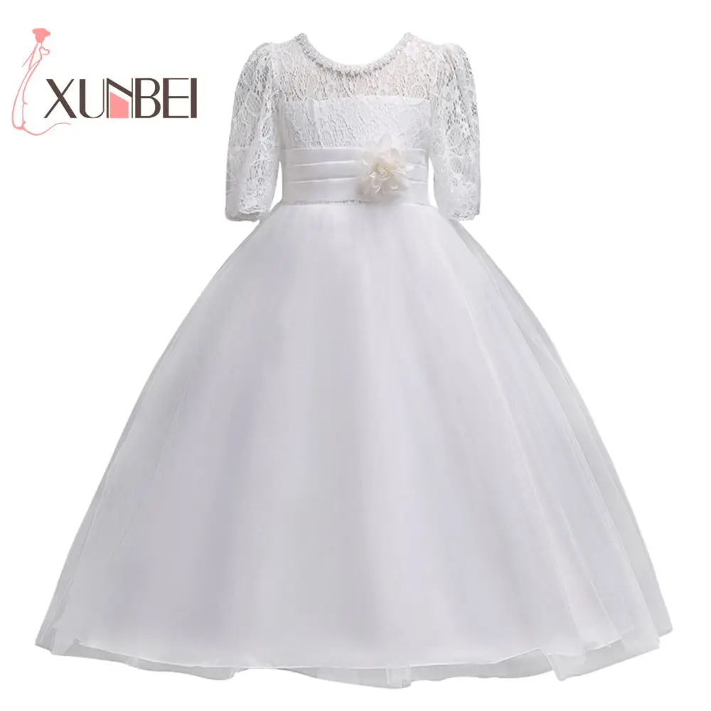 

Lovely White Lace Flower Girl Dresses Half Sleeves Girls Pageant Dresses First Communion Dresses Party Gown