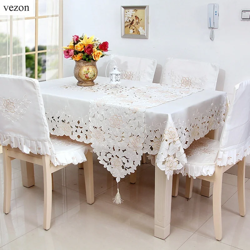 

vezon Elegant White Satin Floral Embroidery Tablecloths Europe Solid Color Embroidered Table Linen Cloth Cover Towel Overlays