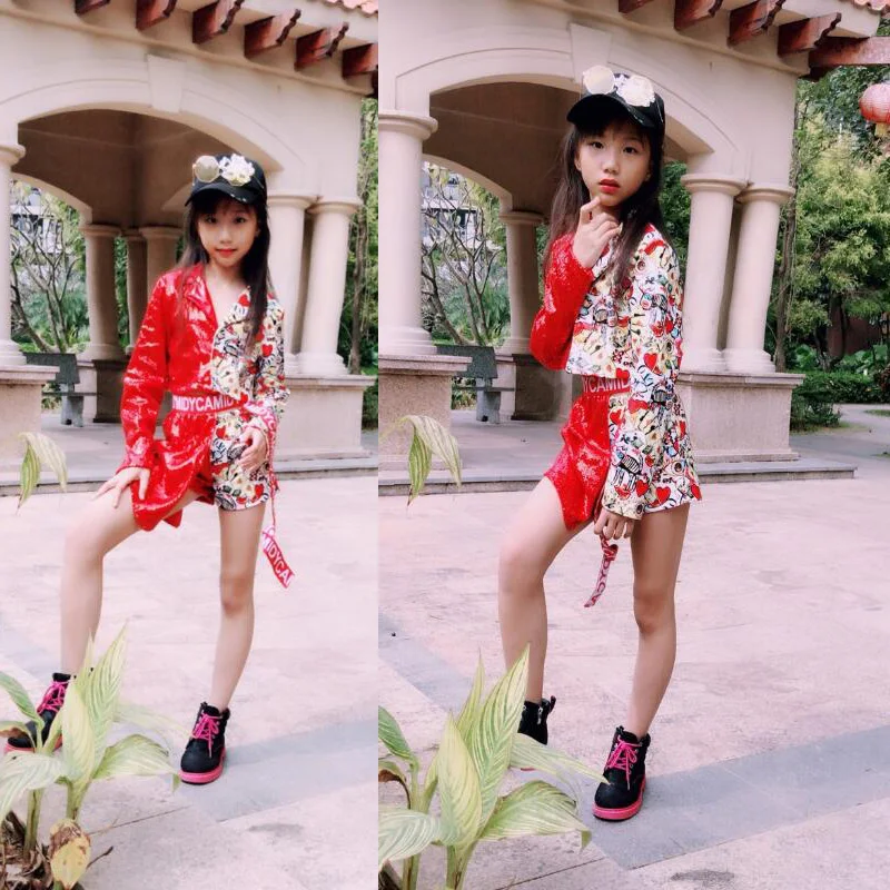 Kids Red Sequined Pants Jacket Coat Hip Hop Clothing Clothes Jazz Dance Costumes Suit Girls Stage wear Ballroom Dancing Outfits |