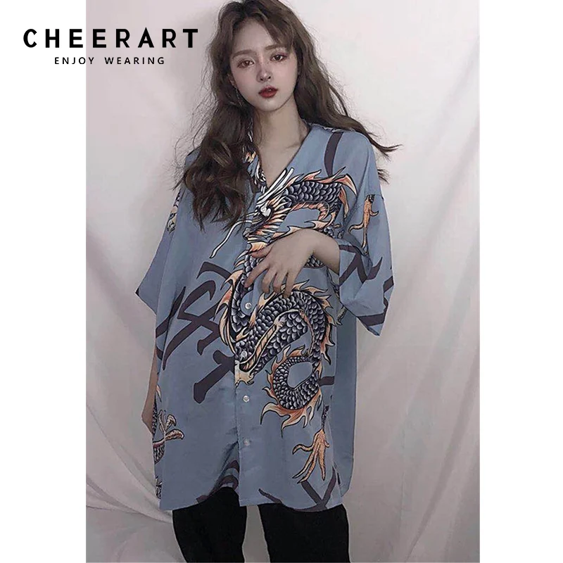 Длинное японское кимоно Cheerart женская летняя блузка с треугольным вырезом синяя