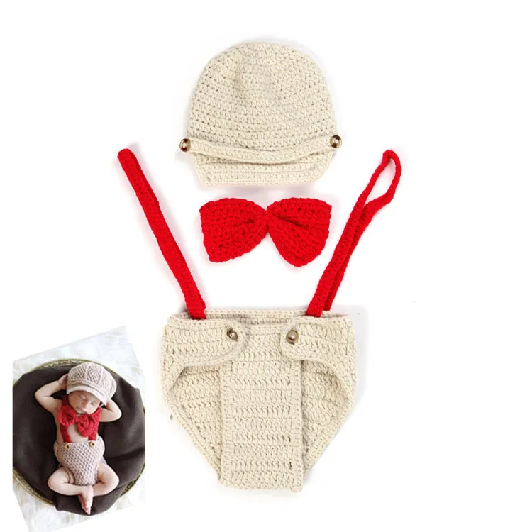 

3 pcs Set Newborn Monthly Baby Photo Props Stripe Cool Boys Cap Gentleman Rompers Photography Hat+ Pants+Bow Knitted Clothes Set