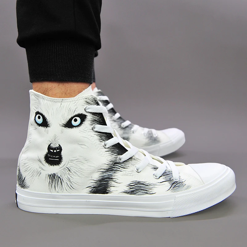 

Wen White Hand Painted Animal Shoes Snow Ground Wolf Unisex Design High Top Canvas Flats Sneakers for Boys Girls Gifts