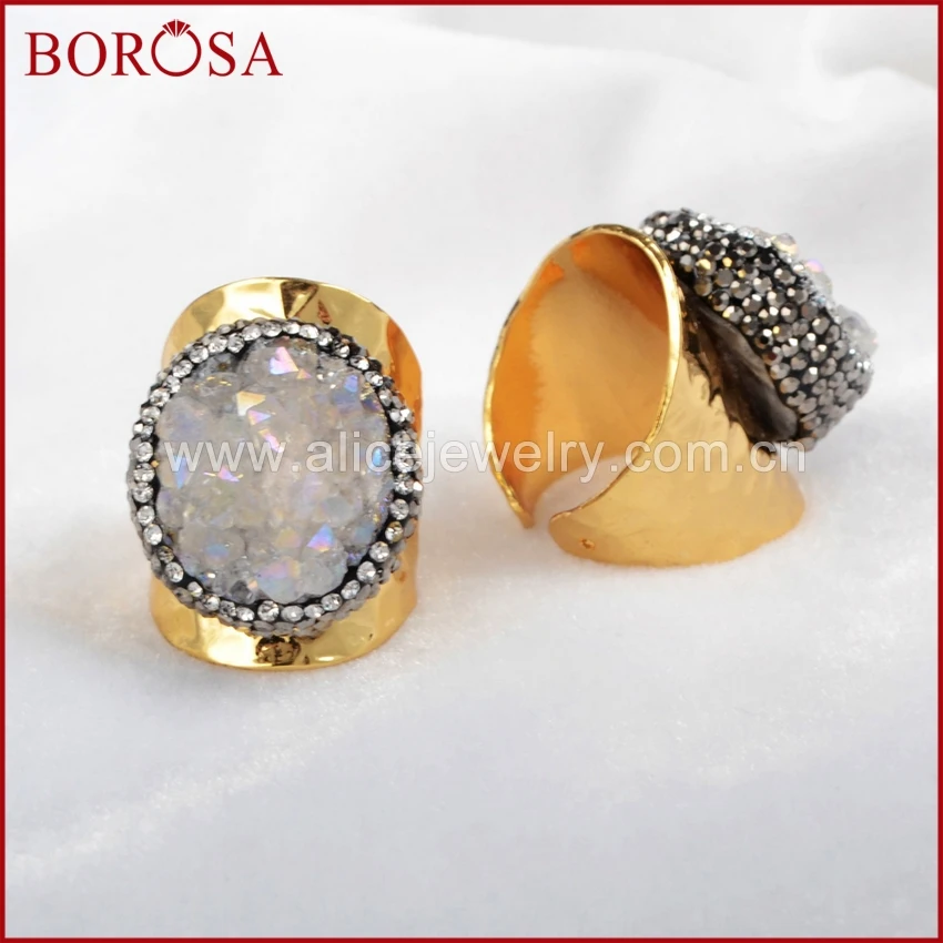 Кольцо золотого цвета BOROSA Druzy круглый титановый браслет с натуральным камнем