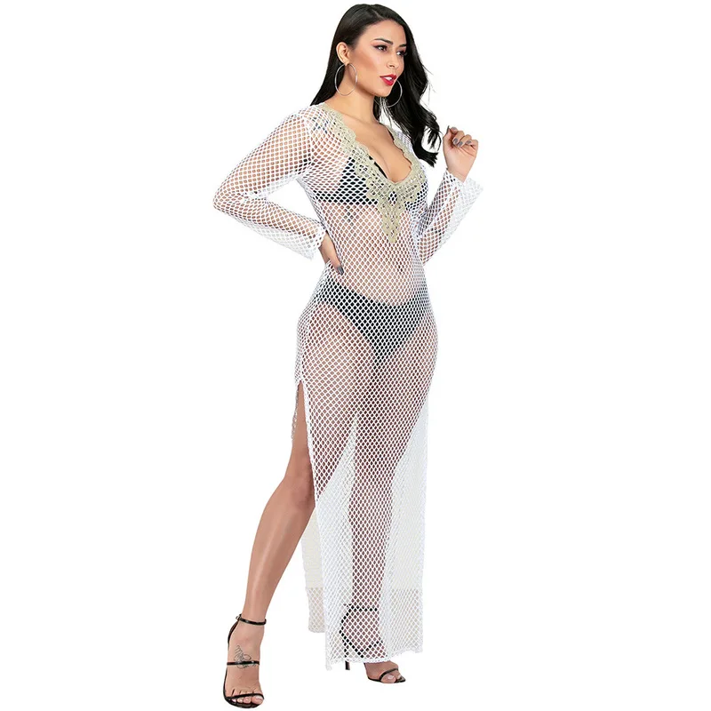 Летнее пляжное платье с вышивкой и v образным вырезом длинными рукавами