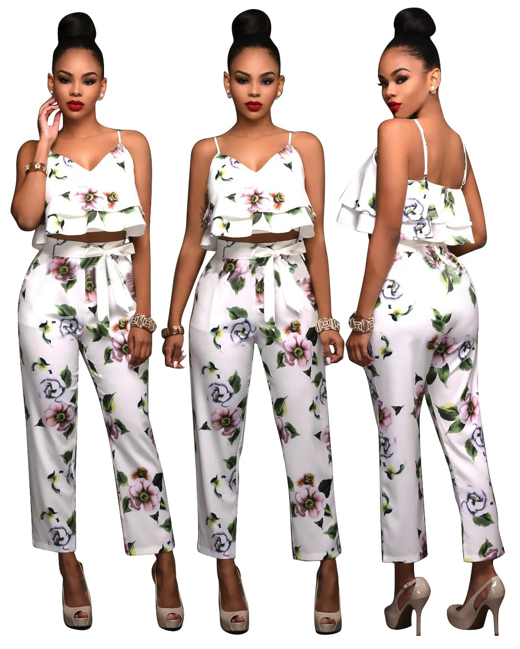 Комплект с принтом укороченный топ и штаны открытыми плечами комплект из двух