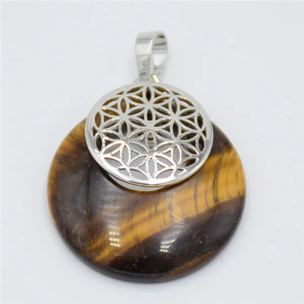 Tiger eye Stone Мода цветок жизни кулон Йога Исцеление чакры натуральный камень кристалл Мандала Подвеска для ожерелья для мужчин женщин рейки ювелирные изделия - Окраска металла: Tiger eye Stone
