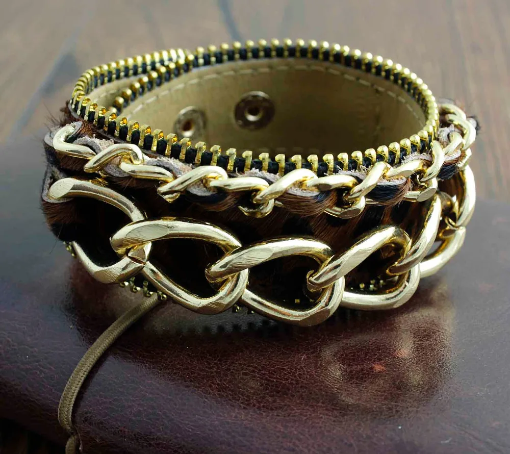 Fashion Cool Women's Brown Leopard Leather Cuff Bracelet with Gold Metal Chain JI07 | Украшения и аксессуары