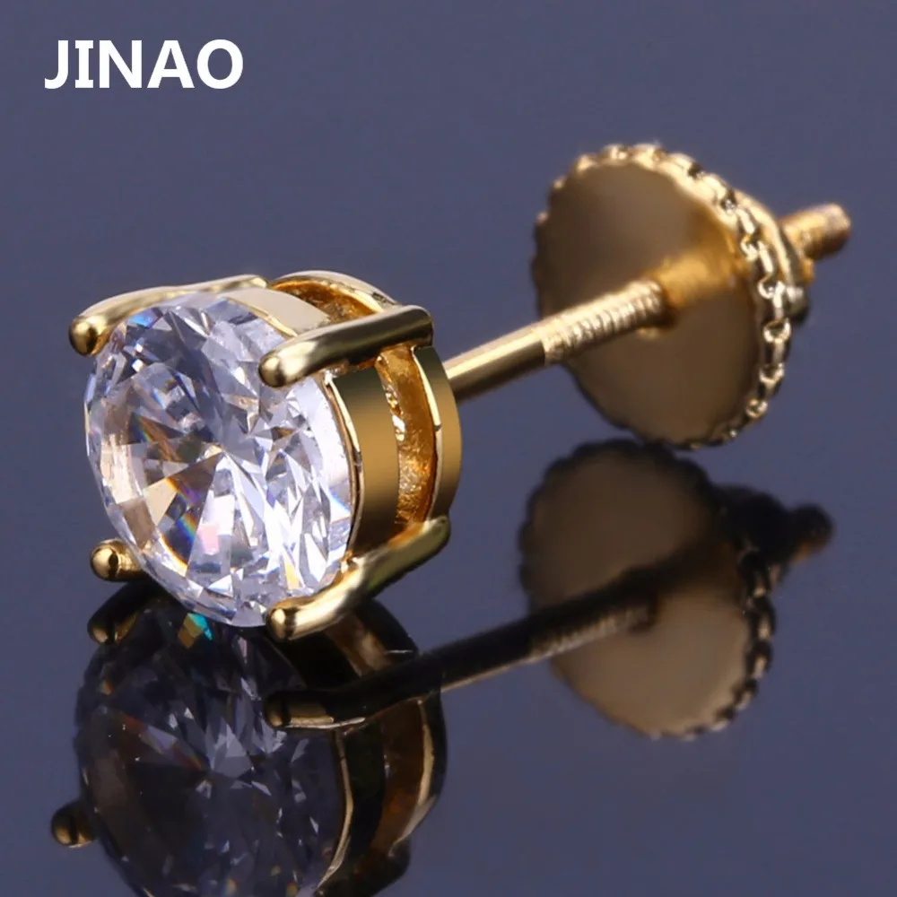 Позолоченные/серебряные серьги-гвоздики JINAO 6 мм с большим фианитом и винтом на
