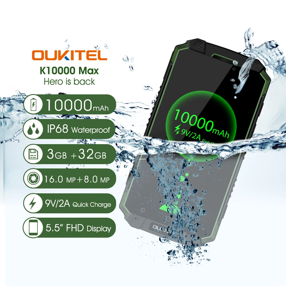 Oukitel k10000 Max IP68 Водонепроницаемый Смартфон Android 7 0 10000 mAh MTK6753 Octa Core 5 "3g Оперативная