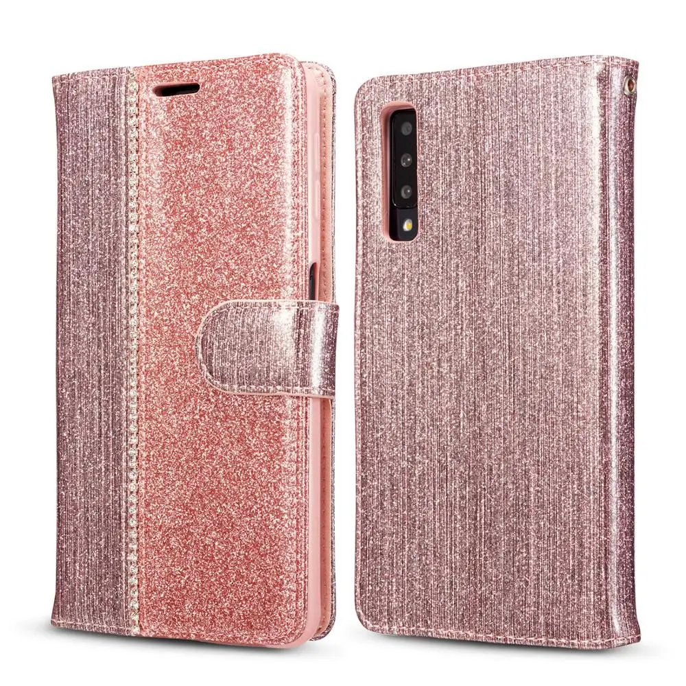 Блестящий кожаный чехол со стразами для Samsung A6 A7 2018 A8 бумажник слотом карт девушек