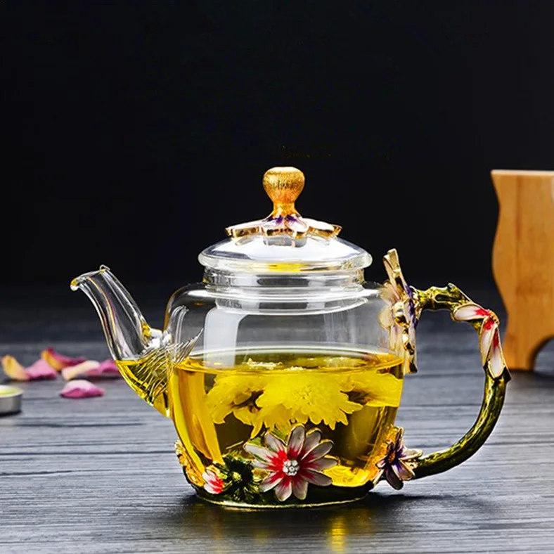 

Enamel Glass Teapot Luxury Crystal Glass Flower Tea Pot High-Grade Heat-Resistant Glass Single Tea Pot 280ml