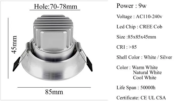 12 шт./лот 9 Вт Cob светодиодный потолочный светильник с регулируемой яркостью