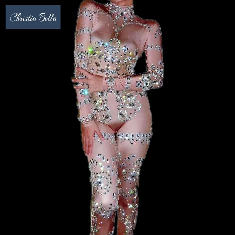 

Christia Bella Sexy Nude Rhinestone Jumpsuit Crystals Elastic Bodysuits Women Nightclub DJ Singer Stage Costumes Pole Dancing