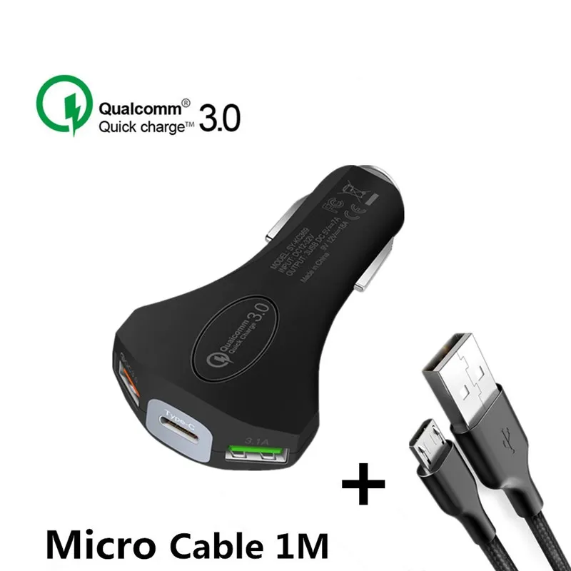 Black Micro Cable 3а быстрое USB Автомобильное зарядное устройство для IPhone Xiaomi samsung huawei автомобильное USB зарядное устройство адаптер Автомобильное зарядное устройство для мобильного телефона зарядное устройство/молоток безопасности - Тип штекера: Black Micro Cable