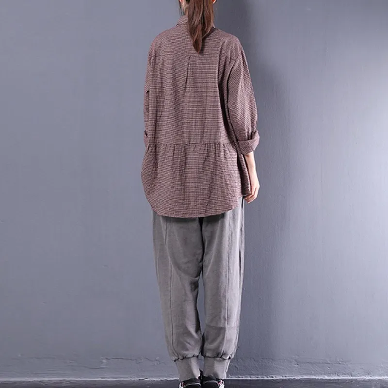ZAZNEA, женская блузка, модная, осенняя, с оборками, Blusas, с отворотом, OL, рубашка, Повседневная, на груди, с карманами, на пуговицах, в клетку, топ размера плюс