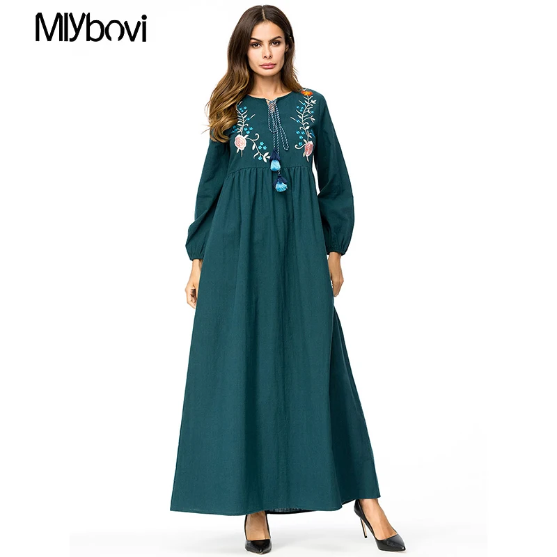 Casual Maxi Dress Green Embroidered 4XL Long Sleeve Moroccan Kaftan Dubai Abaya Islam Turkish Caftan Islamic Clothing Plus|Женские