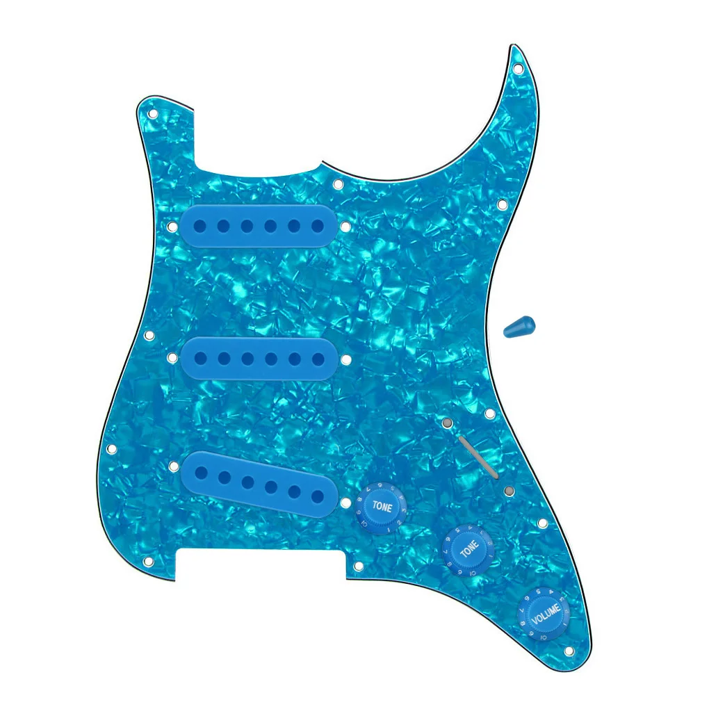 Sky Blue Pearl Набор из 11 отверстий гитары накладка sss+ 50/52/УФ-фильтр 52 мм с одновитковая катушка крышки звукоснимателя+ 2T1V мини гитара+ 5 позиционный переключатель, наконечник для ST гитары Запчасти - Цвет: Sky Blue Pearl