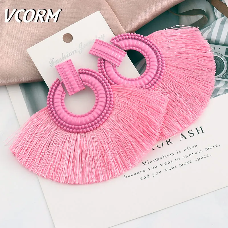 Pink VCORM новые модные богемные серьги с кисточками, большие висячие серьги для женщин, роскошные винтажные длинные висячие серьги с кристаллами, Женские Ювелирные изделия - Окраска металла: Pink