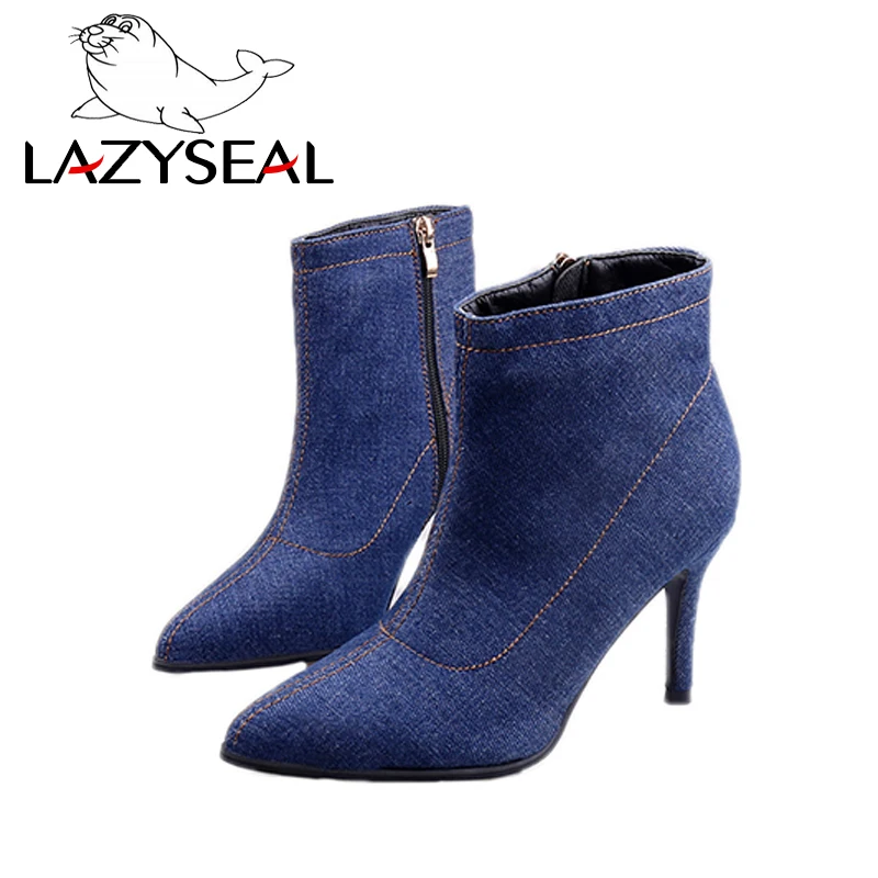 LazySeal джинсовые сапоги на шпильке женская обувь с круглым носком Zapato Mujer молнии