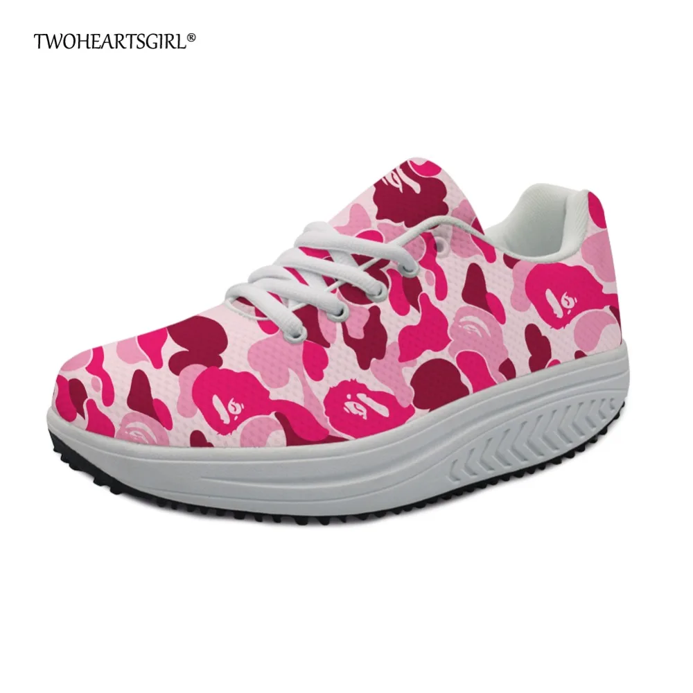 

Twoheartsgirl Multicolor Camouflage Wedge Swing Shoes Comfortable Platform Shoes for Women Lace-up Leisure Mesh Slimming Shoes