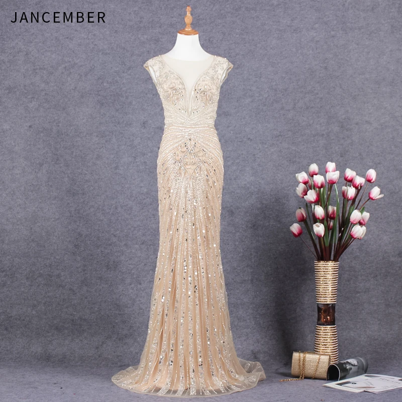JANCEMBER Роскошные vestido de festa longo Бисероплетение Кристалл узор без рукавов Иллюзия