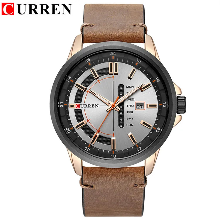 brown gray CURREN повседневные деловые наручные часы с кожаным ремешком, классические черные кварцевые мужские часы с дисплеем даты и недели, водонепроницаемые мужские часы - Цвет: brown gray