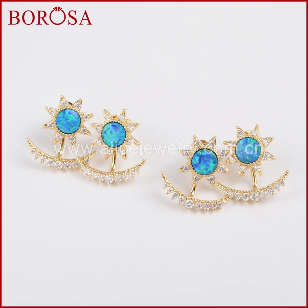 

BOROSA 5Pairs New Gold Color Bezel Star Blue Japanese Opal CZ Moon Multi-Purpose Stud Earrings for Women Girls Jewelry ZG0217