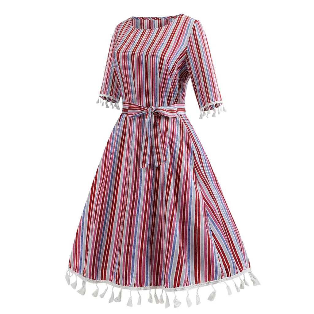 

Fashion Women Dresses Striped Printed O-Neck Half Sleeve Casual Bandage Womens Dress #30