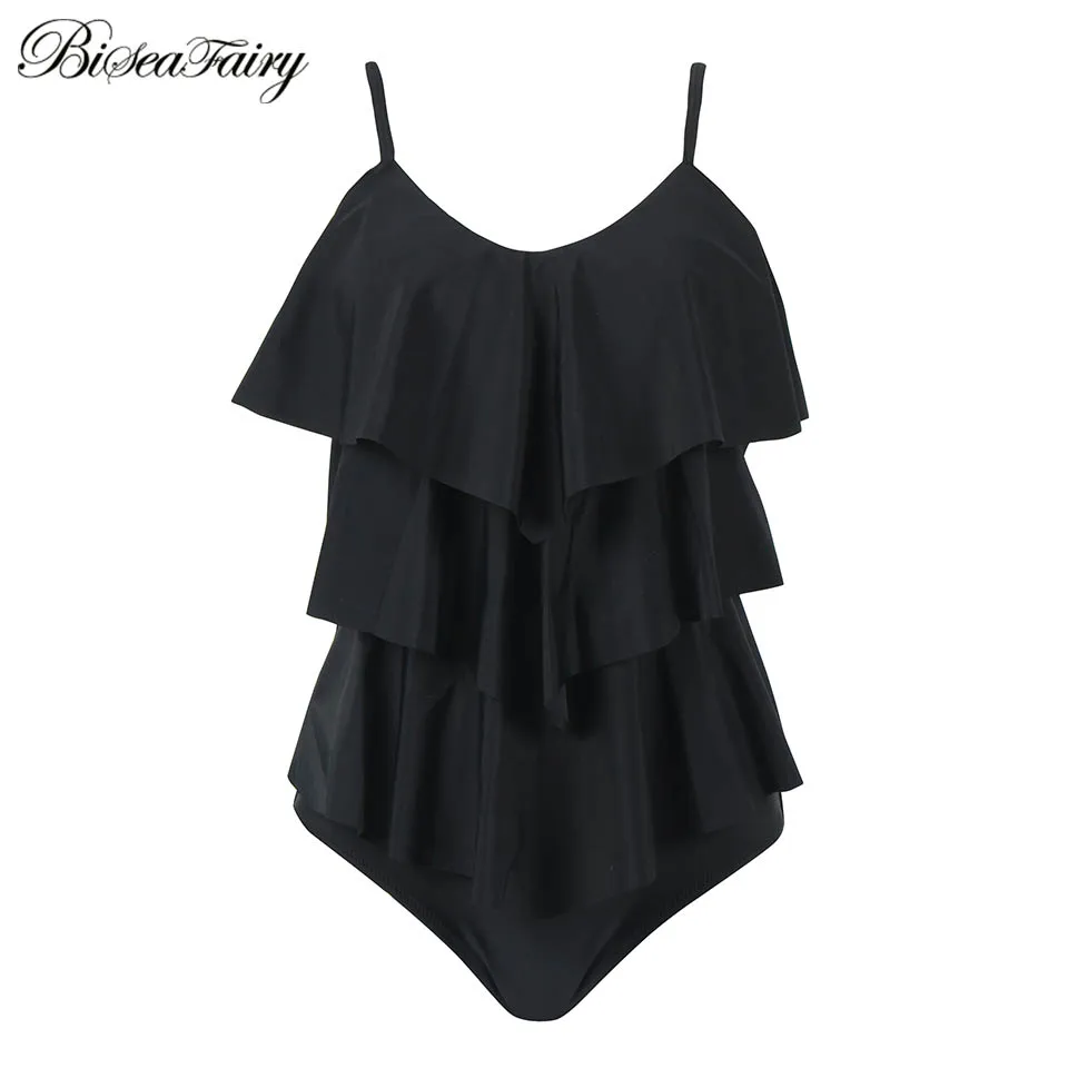Женский купальник с оборками BISEAFAIRY однотонный в полоску со средней талией