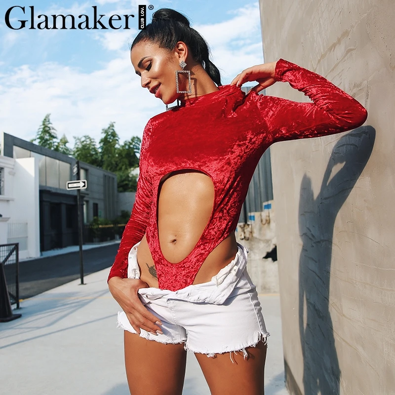 Женский велюровый комбинезон Glamaker красный короткий с длинными рукавами и