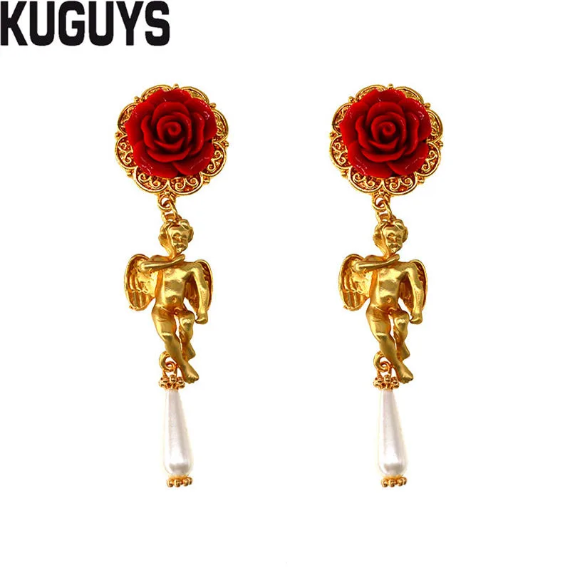 RED KUGUYS винтажная фигура золотые серьги с ангелами для женщин модные ювелирные изделия Мода барокко розовые цветы висячие серьги вечерние аксессуары - Окраска металла: RED