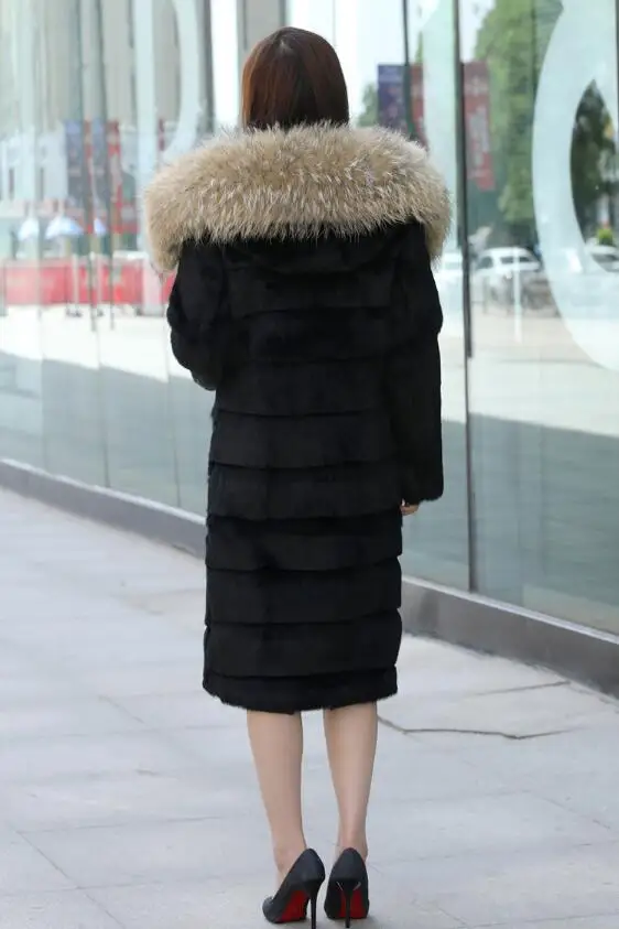 Hooded Women Full Skin Vintage Warm Winter Genuine Natural Rabbit Fur Overcoat with big Hood and Real Raccoon Collar wsr342 | Женская