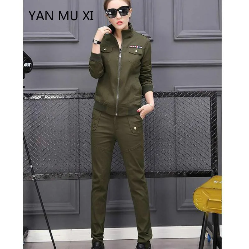 

New Brand 2017 Spring And Summer Camouflage Ladies Three Sets Of Cotton Leisure Army Green Two-piece Set