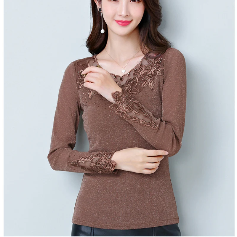 Женская Кружевная футболка из искусственного серебра с длинными рукавами и