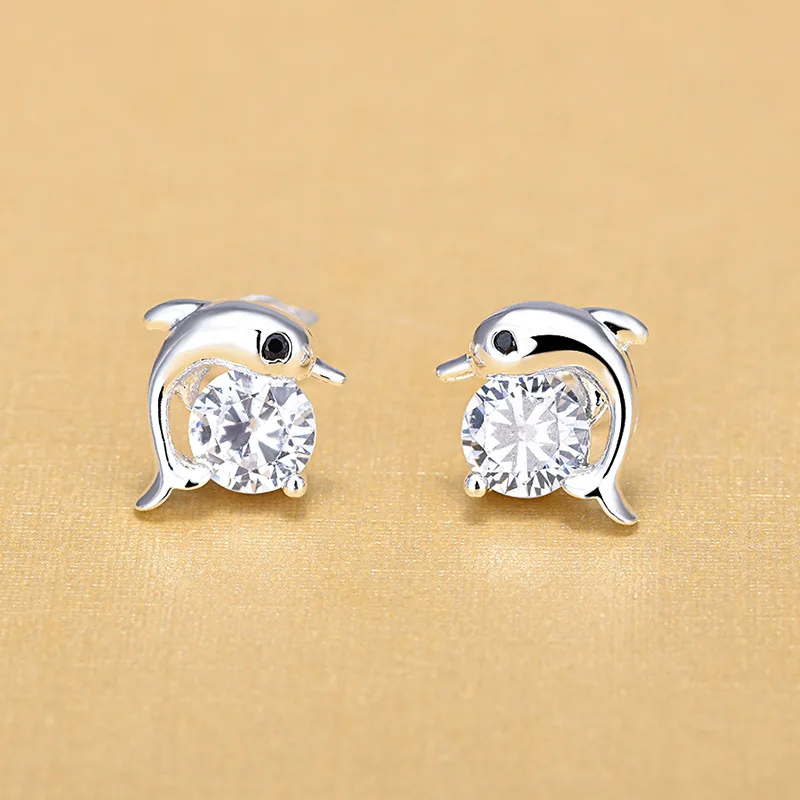 Lovely Small Cute 925 Sterling Silver Zircon Dolphin Animal Women Stud Earrings Brincos 2021